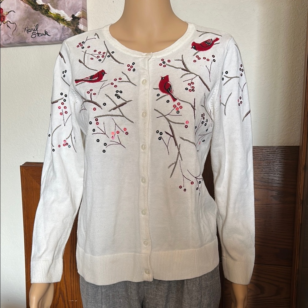 Christopher & Banks White and Red Embroidered Cardigan Sweater